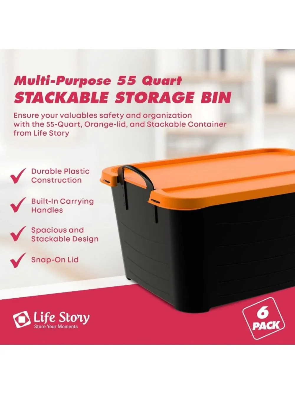 6 Pack Stackable Storage Bins, 55 Qt Home Organizer, Durable Black/Orange Set